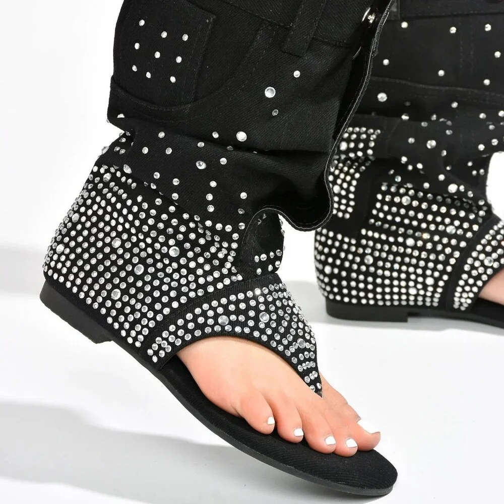 NEWπ₯ Rhinestone Embellished Slouchy Jean Sandals Mid-Calf Boots Thong Open Toe - Picture 5 of 6